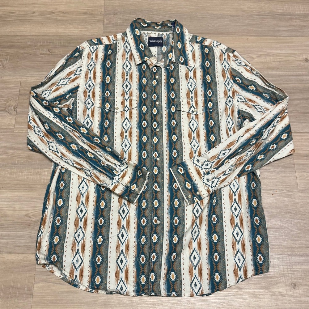 Wrangler Western Shirt Mens XL Aztec Southwestern Pearl Snap Cowboy Teal Brown